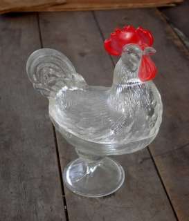 GLASS ROOSTER CHICKEN CANDY DISH CLEAR RED COMB  