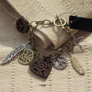 New Vintage Multi Charm Bracelet Christmas Gift FS Heart Peace Sign 