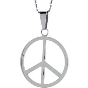 Stainless Steel Large Peace Sign Pendant, 1 5/8 in. (41mm) tall, w/ 30 