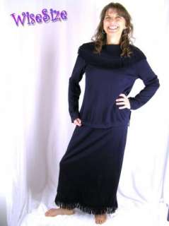 Dorby Navy Fringe Sweater Skirt Suit Set Outfit Medium  