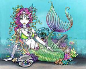 Mermaid Ocean PRINT Goth Rainbow Harp Coral Siren Lyra  
