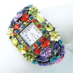 VTG Style Floral Flower Bracelet Watch Swarovski Crystal Multi Oval 