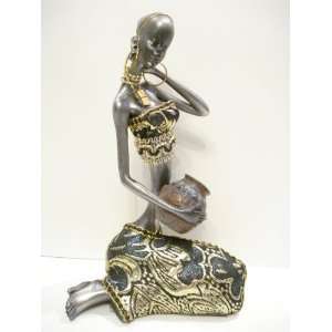  7 Black Traditional African Woman Playing Drum Figurine 