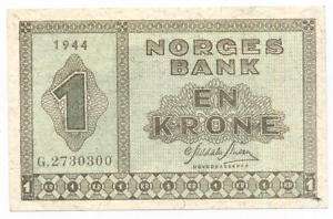 NORWAY * 1 Krone 1944 XF+ *WWII BANKNOTE * RARE BANKNOTE   