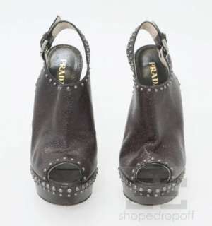 Prada Distressed Leather Studded Peep Toe Platform Heels Size 38.5 