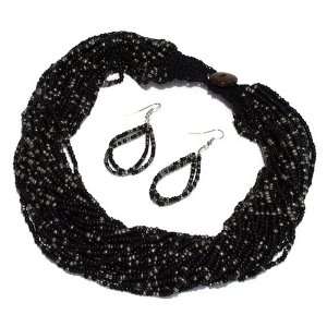 Beaded Layer Necklace Set; 16L; Black And Gunmetal Beads; Crochet And 