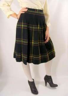   50s 60s BLACK & GREEN PLAID Pleated Wool Skirt Cute School Girl Kilt M