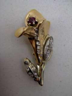 14k Gold HndMd Diamond Ruby Flower Pin Pendant 7+ Scrap  