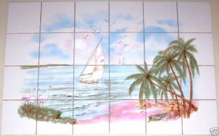  Island Ceramic Tile Mural Palms Flamingos 24Pc Backsplash Kiln Fired