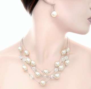 WHITE Pearl Glass Bead Necklace Earring Set Bridal  