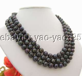 Charming 3Strds 10MM Black Pearl Necklace  