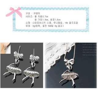 2PCS Jewelry Sets Ballet Girl Bow Bead Rhinestone Pendent Necklace 