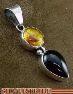 Navajo Indian Amber and Onyx Sterling Silver Pendant  