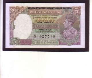 1937 British India KG VI 5 Rupees note.GEM UNC Burma  