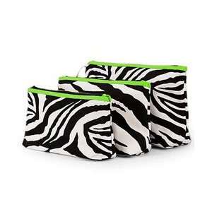 Zebra Print 3 Piece Cosmetic Makeup Bag Set Lime Green Trim / Black 