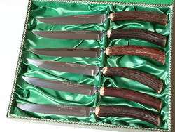 SET OF 6 1950S BARON SOLINGEN GERMANY STAG HANDLE STEAK KNIVES IN BOX 