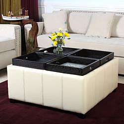   Sectioned Cream Bonded Leather Cube Storage Ottoman  
