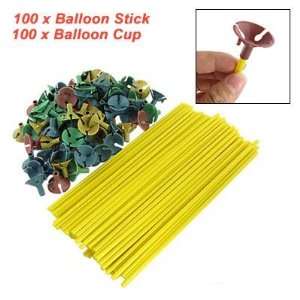  100 Pcs Yellow Plastic Balloon Stick with Multicolor Cups 