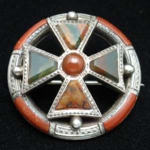 Maltese Cross Pin Scottish Pebble Agate Sterling Silver Vintage Brooch 