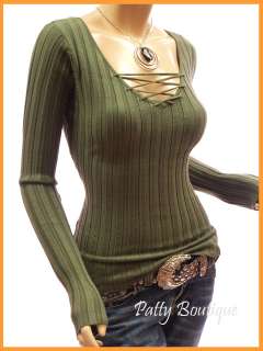 Corset V Neck Ribbed Long Sleeve Knit Sweater Top  