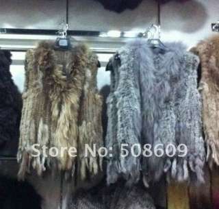   Knitted Rabbit Fur Vest Gilet with Raccoon Fur Collar Fashion  