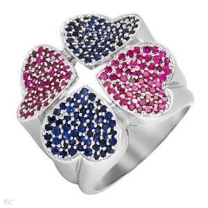14K White Gold 0.92 CTW Sapphire and 0.88 CTW Ruby Heart Ladies Ring 