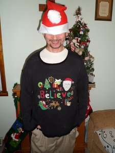 WORN Mens XL Ugly Holiday Xmas Party Santa Sweater BELIEVE + Santa Hat 