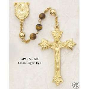  Tiger Eye Bead Catholic 22K Gold Plated Pewter Rosary 