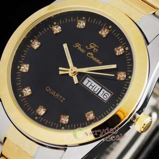 Gold Black Dial Fashion Mens Wrist Watch Stainless Steel Day/Date 