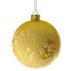   Yellow Glass Ball Christmas Ornament With Raised White Flower Print