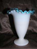 Fenton Vase Aqua Trim Blue Crest Ruffled Glass Vase  