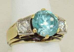 Greek Blue Zircon & Diamond Ring 14kt Gold Estate Piece  