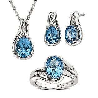 Blue Topaz & Diamond Accent Pendant, Earring and Ring Set in Sterling 
