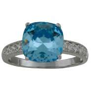 Cushion cut Aquamarine & Clear Swarovski Crystal Ring in Rhodium over 