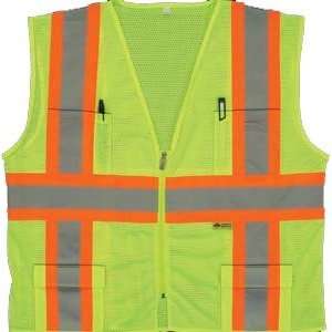 Safety Vest, ANSI Class 2, Color Green, Mesh, 6 Pockets, Zipper 