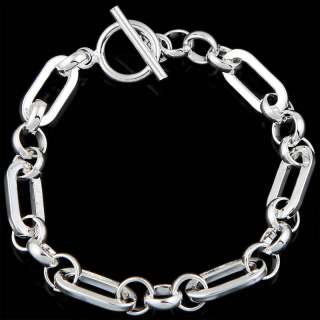 Mens Simple Silver Plated Ellipse Hoop Ring link Chain Toggle 