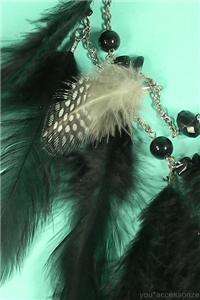   Genuine Black Feather Spot & Bead 2 Layer Chain Necklace Earring Set