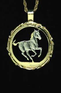 Horse W/Bezel Cut Coin Pendant Necklace 1 1/8 diam.  