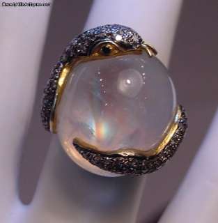 Superb Moonstone 181 Diamonds Serpent Ring 14k Gold and Sterling 