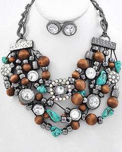 HematiteTone &Turq Multi Strand Bib Necklace & Earrings  
