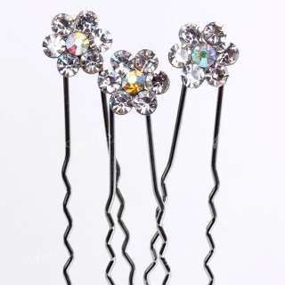 10x Silver Tone Flower Hair Pin Clips AB Crystal Bridal  
