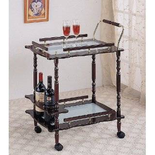 Cherry Finish Wood Tea Serving Kitchen Cart With Frosted Glass Inserts