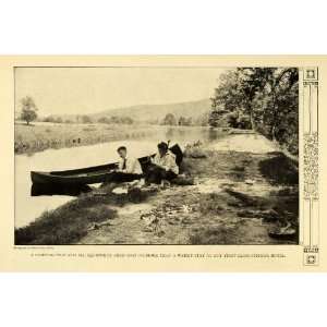  1911 Print Couple Camping Canoe Travel River Landscape 
