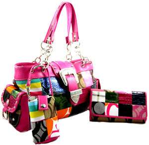 Designer Inspired Belt Patchwork Purse Bag SET Fuschia  