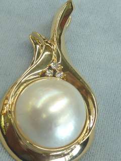  made 14k yg HUGE 20mm Mabe pearl w diamonds enhancer pendant  