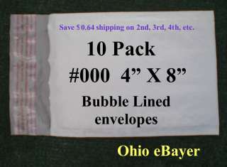 10 Pack New #000 4x8 Poly Bubble Padded Mailers Envelopes  