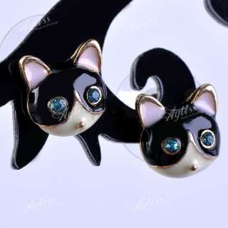   Black White Enamel Crystal Cat Face Bead Ear Stud Earring Korean Vogue