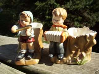 Two Vintage Pottery Planters   Musician Boys on Tree Stumps  