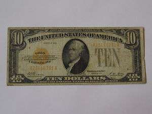 1928 Ten Dollar Gold Certificate, United States $10 Bill, Woods 