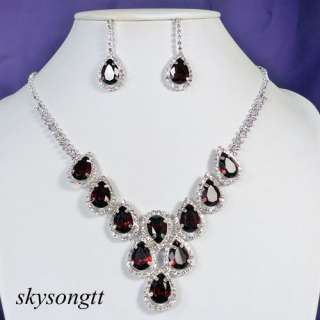   Dark Red Rhinestone Clear Crystal Pendant Necklace Earrings Set P038R